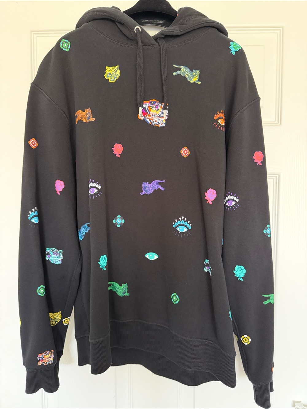 Kenzo Black Hoodie with Multicolor Embroidered Motifs